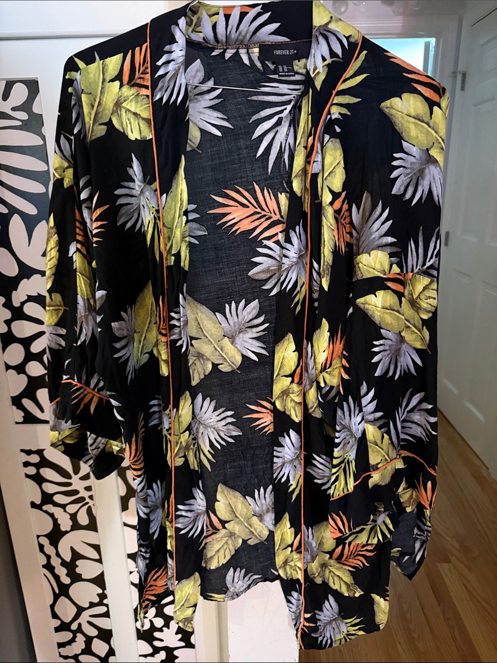 Forever 21 Black Tropical Leaf Open-Front Kimono with Green and Orange Accents